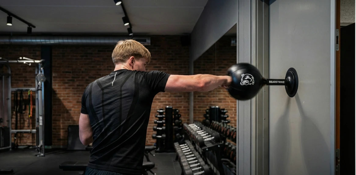 Sportiv care se antrenează cu sacul de box portabil BearStrike montat pe perete, executând lovituri de box în interior.